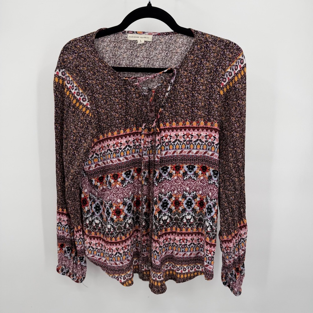 Farmers‎ Market Women's L Blouse Boho Floral Lace Up Long Sleeve Lurex Sparkle